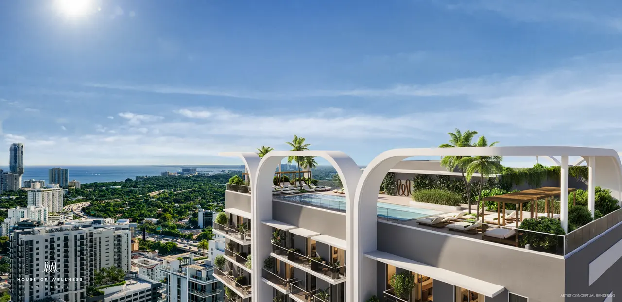 Rooftop pool and arches overlooking Biscayne Bay, Brickell, Miami